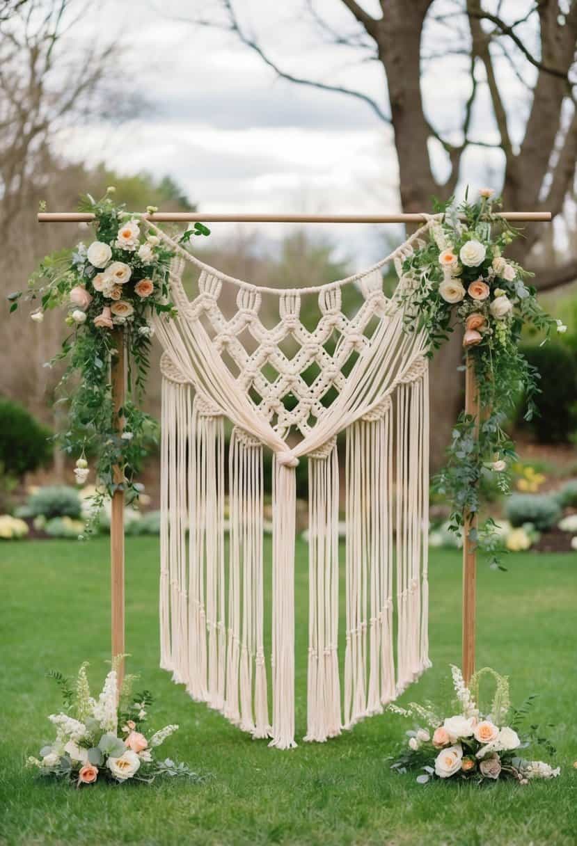 A bohemian macrame backdrop hangs in a spring garden, adorned with flowers and greenery for a wedding celebration