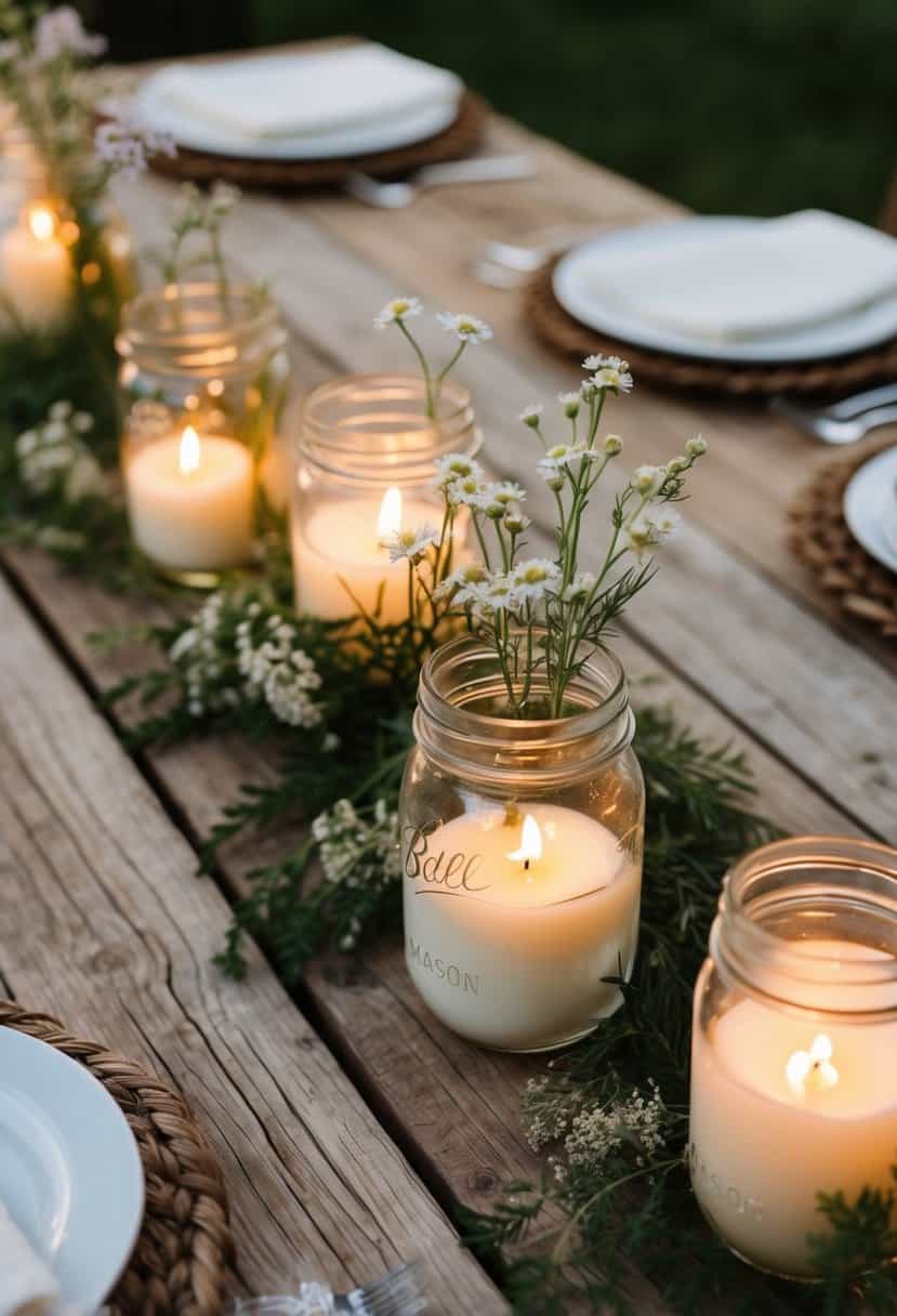 A rustic wooden table adorned with mason jar candle holders, filled with delicate wildflowers and softly glowing candles