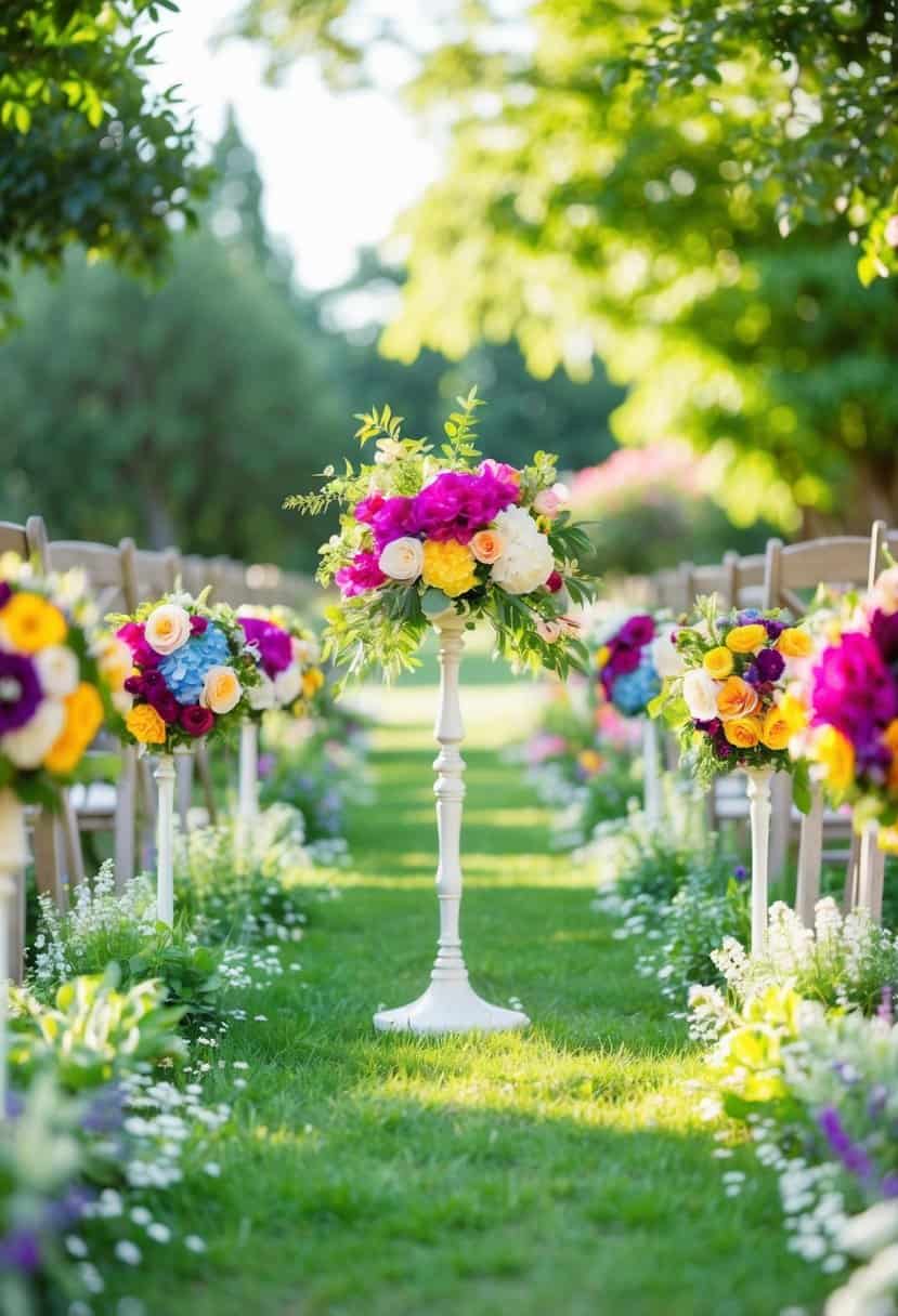 Colorful floral aisle markers line a path, surrounded by lush greenery and blooming flowers. Sunshine filters through the trees, casting a warm glow over the garden-inspired decor