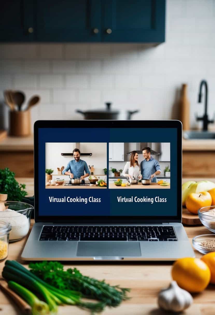 A laptop displaying a virtual cooking class, surrounded by ingredients and utensils. Two separate screens show a couple cooking together from their respective kitchens