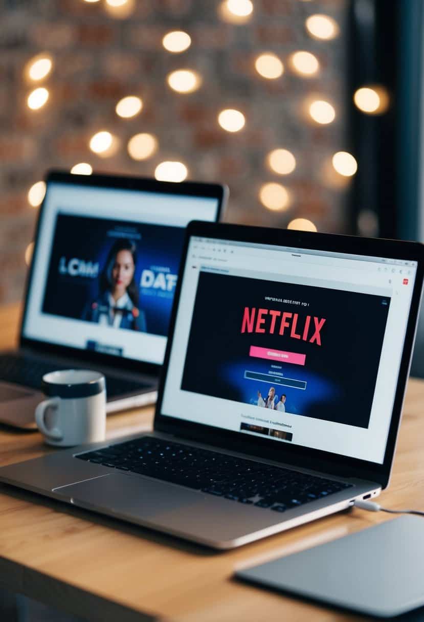 A laptop with two separate screens showing a movie playing on Netflix, with a virtual chat box open for long distance date