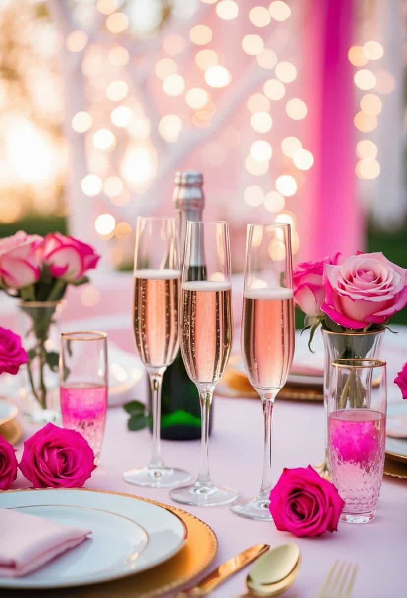 A table set with pink champagne flutes, roses, and pink decor for a wedding toast