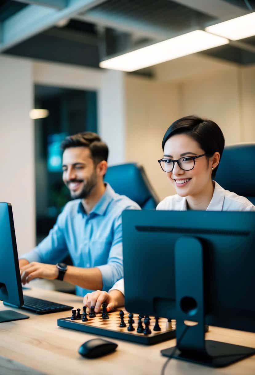 Two people sitting in front of their computers, each playing online games like chess or Scrabble. They are connected through a video call, smiling and chatting as they play