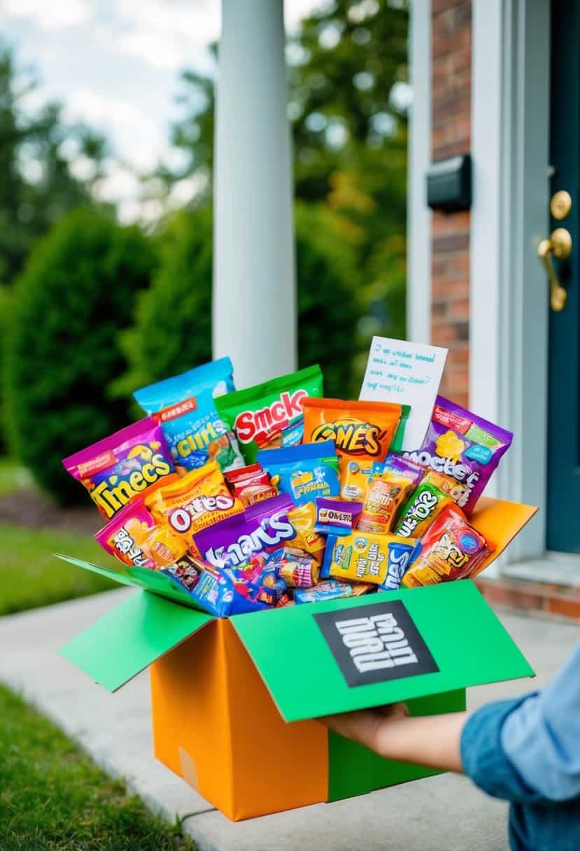 A colorful care package bursting with items like snacks, games, and a handwritten note, being delivered to a doorstep