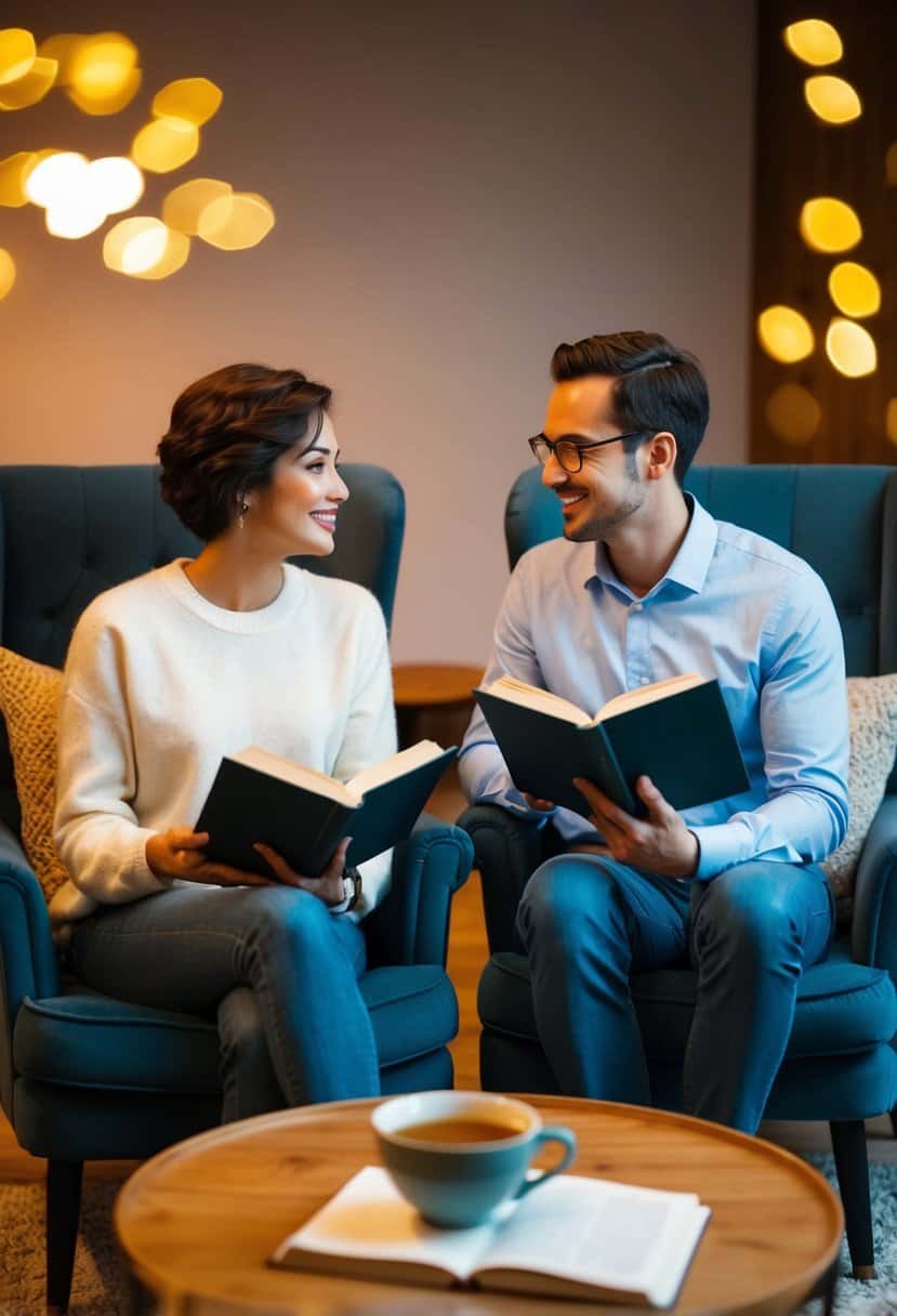 Two people sit in cozy chairs, each holding a book. They lean in to discuss the story, surrounded by warm lighting and a cup of tea