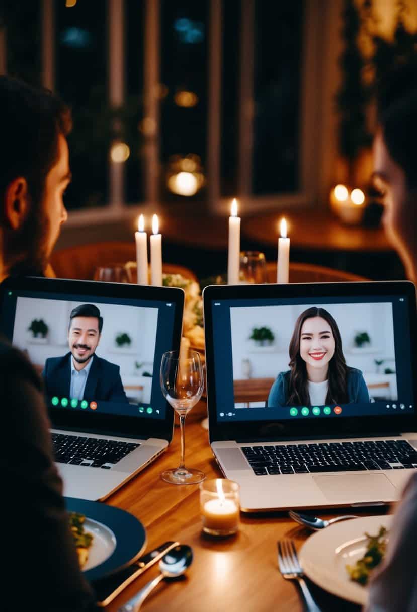 A cozy dinner setup with two laptops facing each other, each displaying a video call between two individuals. A table is set with plates, cutlery, and candles, creating a romantic ambiance