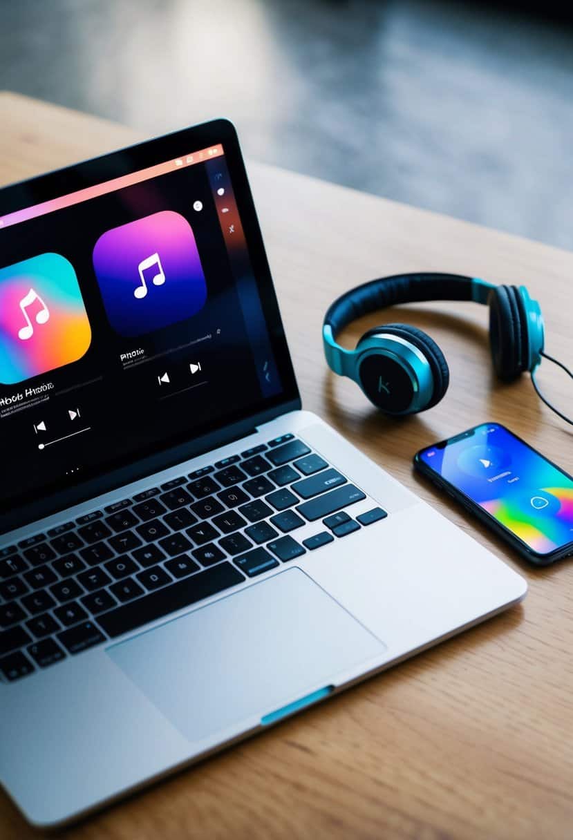 A laptop and smartphone sit side by side, connected by a shared playlist. The screen shows a colorful music app interface, while a pair of headphones dangle nearby