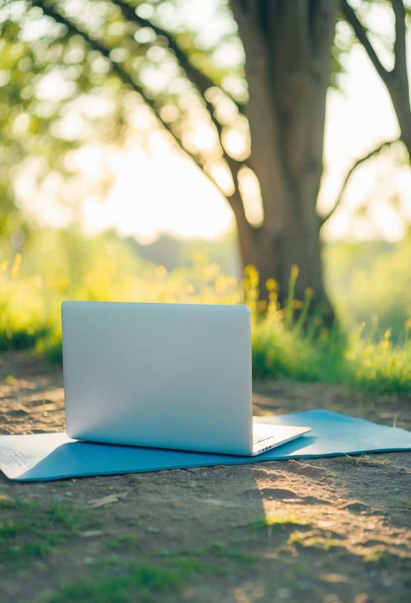 A serene outdoor setting with a laptop and yoga mat, surrounded by nature and soft sunlight