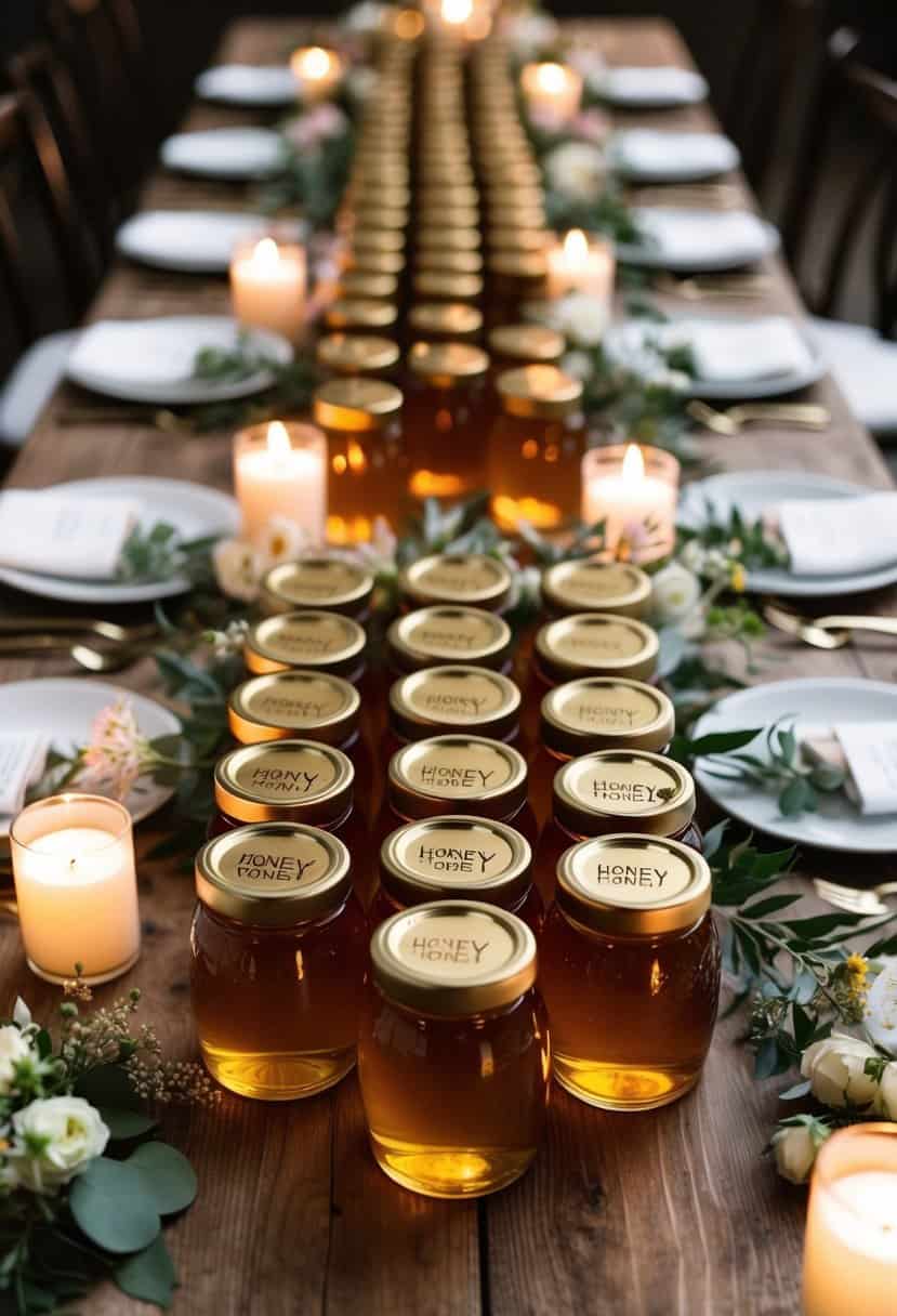 A rustic wooden table adorned with rows of personalized honey jars, surrounded by delicate floral arrangements and soft candlelight