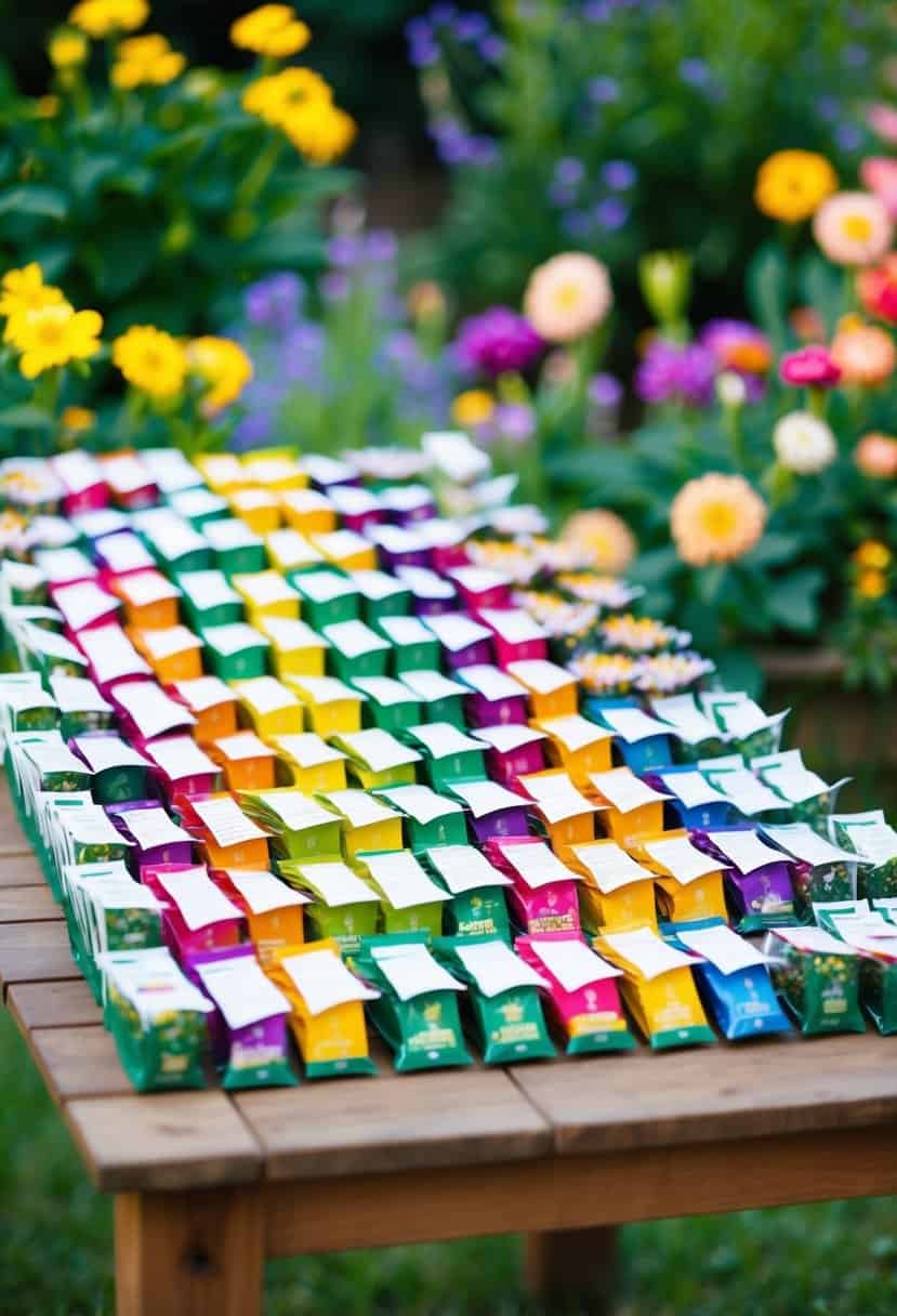 A garden table with colorful seed packets arranged in neat rows, surrounded by blooming flowers and greenery