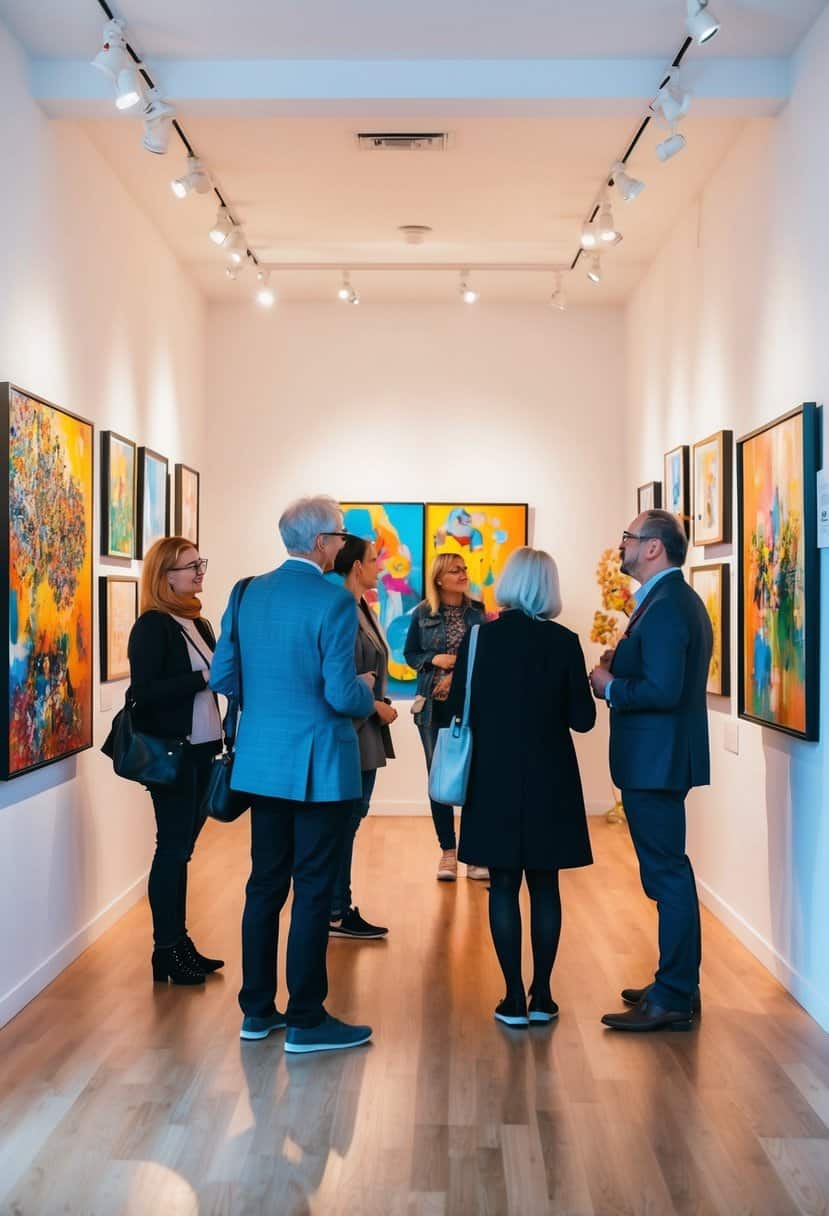 A brightly lit art gallery with colorful paintings and sculptures on display, visitors admiring the artwork and engaging in conversation