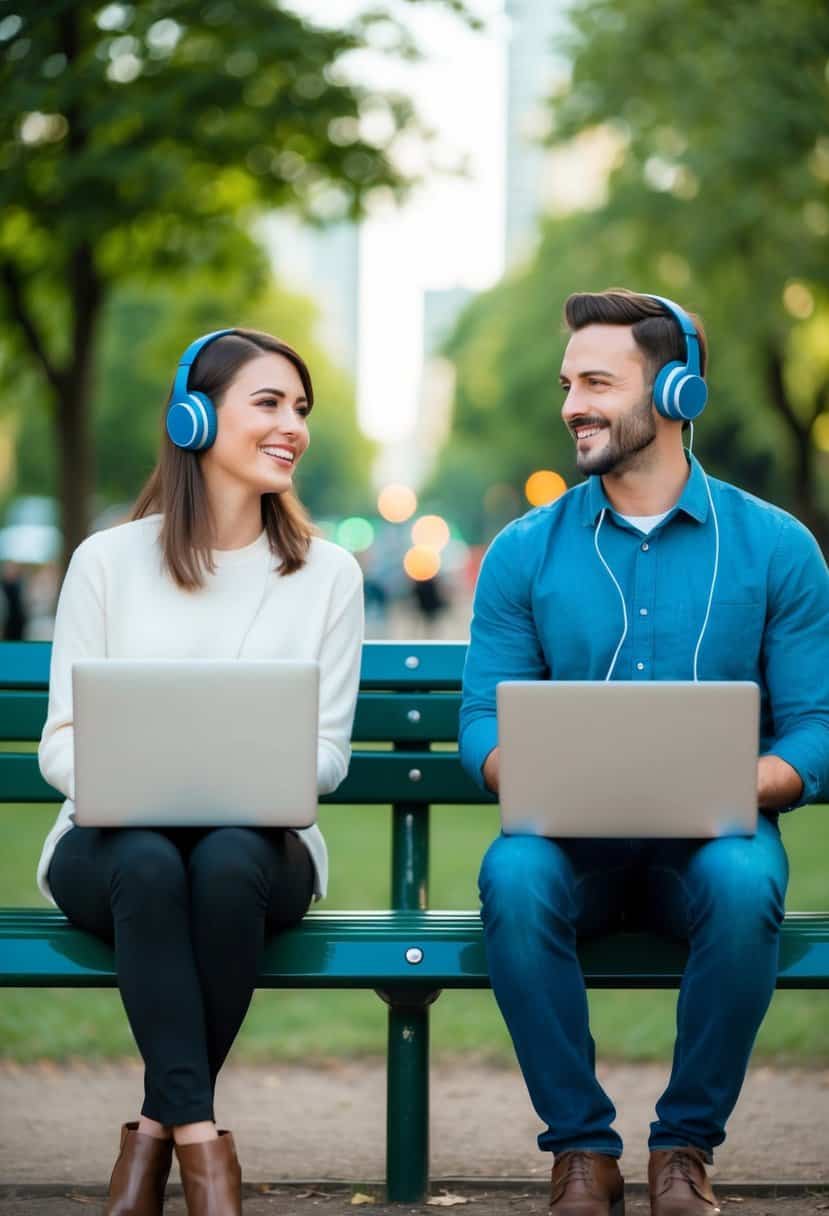 A couple sits on opposite ends of a park bench, each with a laptop and headphones, smiling as they video chat and plan their next in-person date