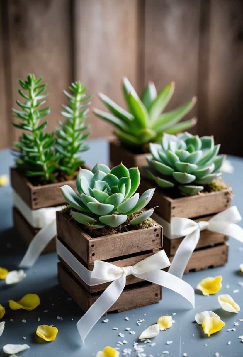 Mini succulent plants arranged in rustic wooden crates, adorned with delicate ribbons and placed on a table with scattered flower petals