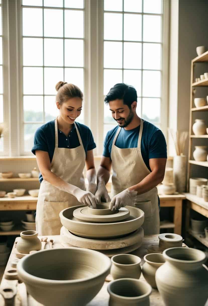 A couple molds clay on a pottery wheel, surrounded by tools and finished pottery pieces. Sunlight streams in through large windows