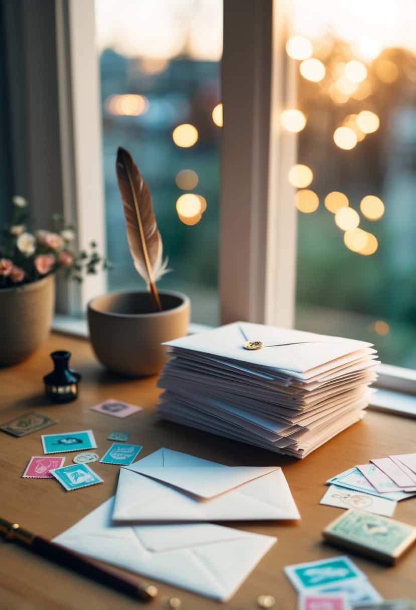 A cozy desk with a stack of love letters, a quill, and an assortment of stamps and envelopes