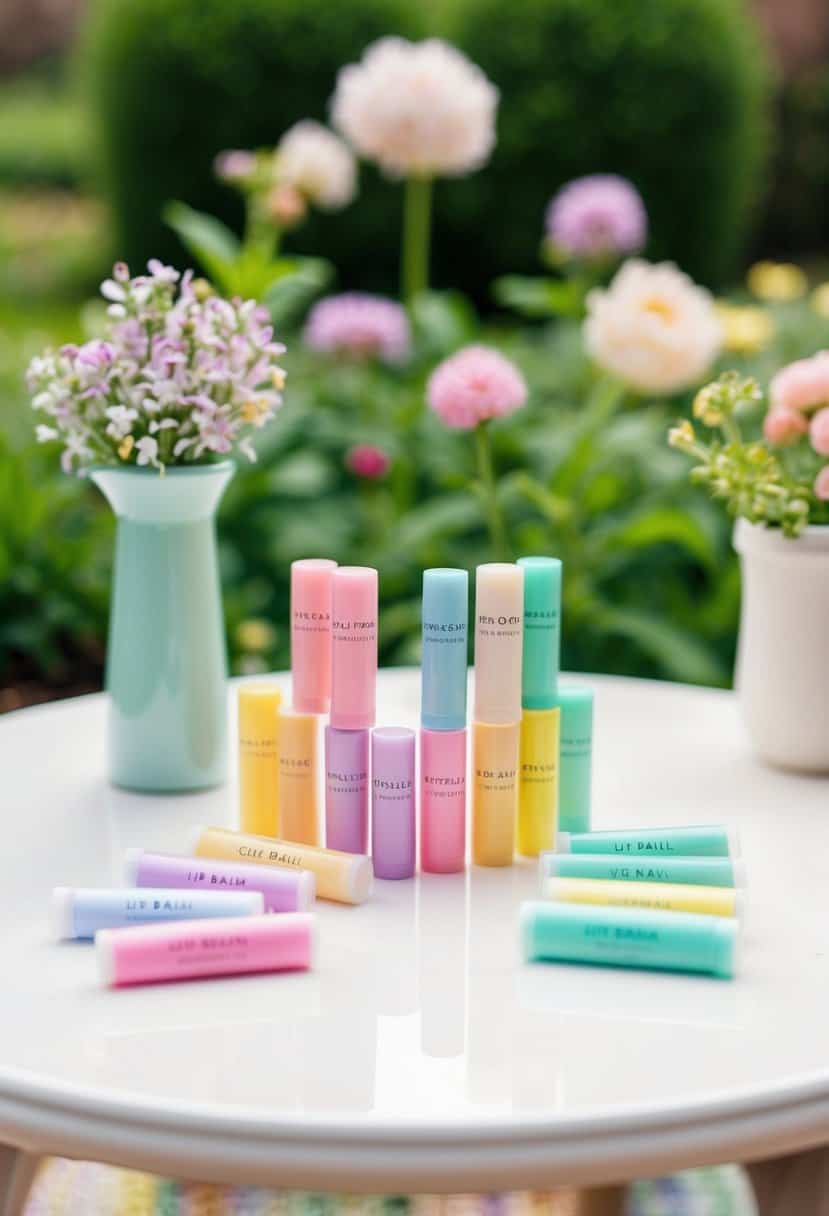 A table with pastel-colored custom lip balm favors displayed in a garden setting, surrounded by blooming flowers and greenery
