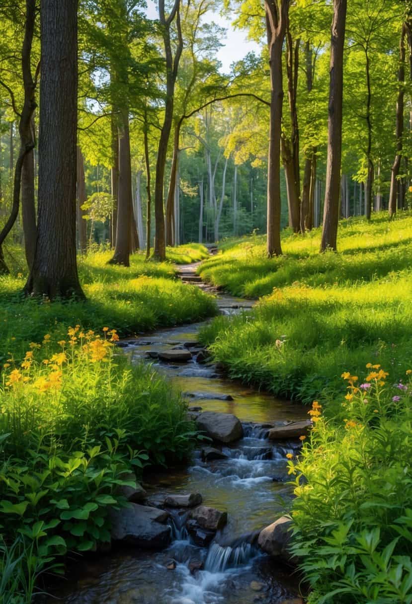 A winding forest trail leads to a serene clearing with a bubbling stream and vibrant wildflowers. Tall trees provide dappled sunlight, creating a peaceful and romantic atmosphere