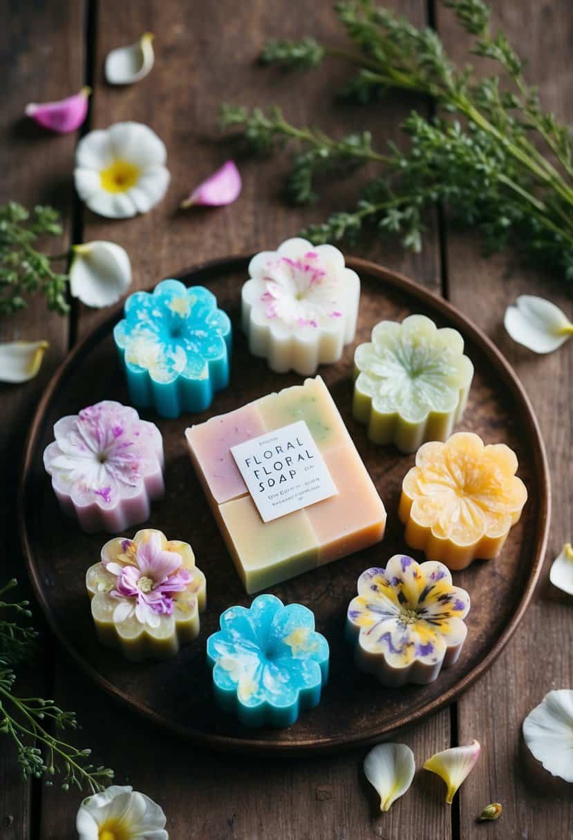 A collection of colorful floral soap bars arranged on a rustic wooden table, surrounded by delicate flower petals and greenery
