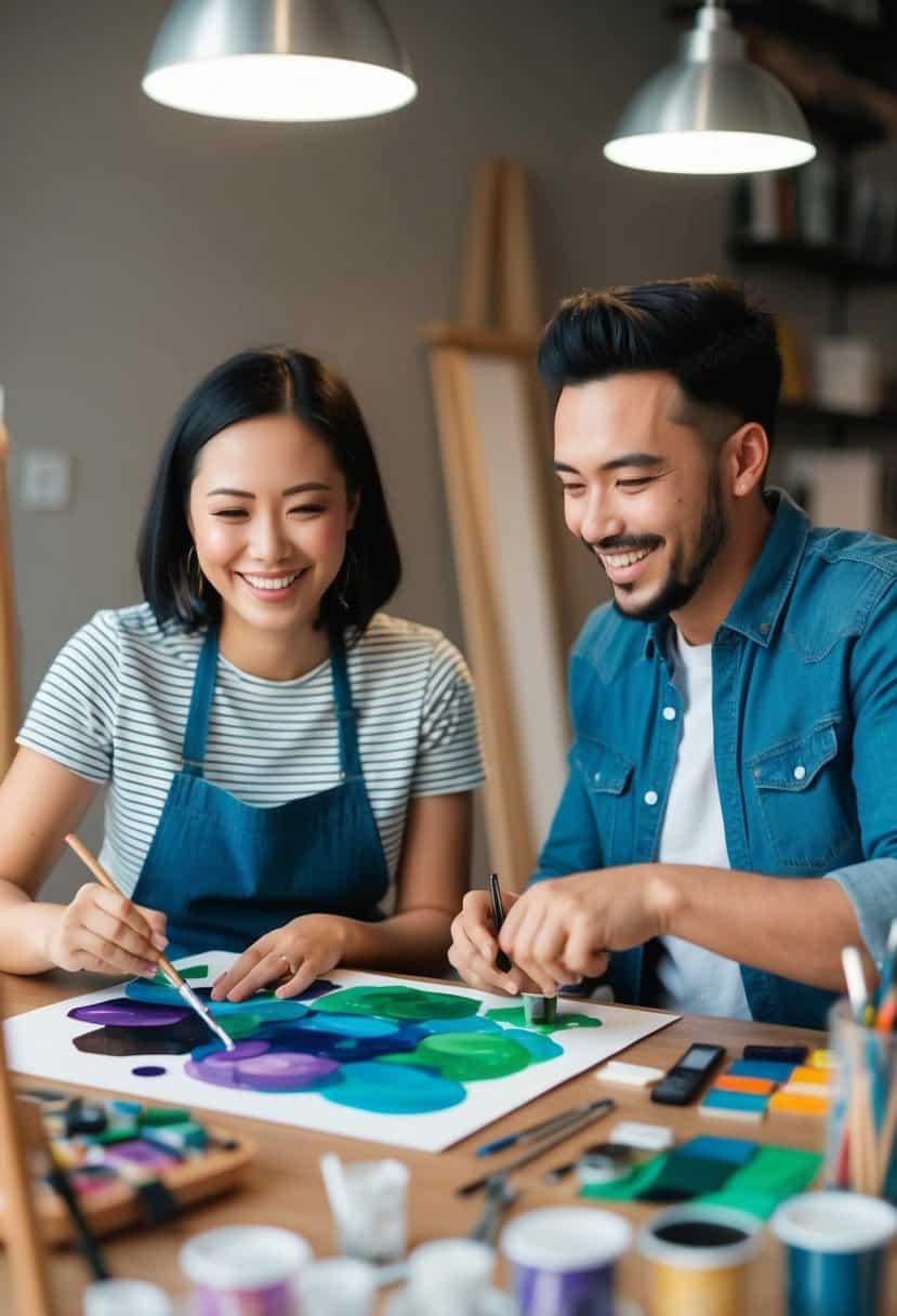 Two people on a video call, each with their own art supplies, creating a collaborative piece together. They laugh and chat as they work