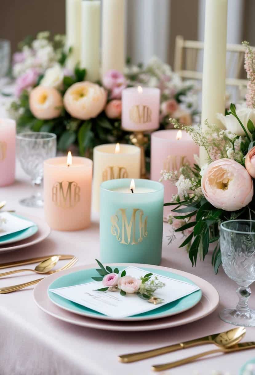 A table adorned with pastel monogrammed candles and delicate floral arrangements, a perfect spring wedding favor idea