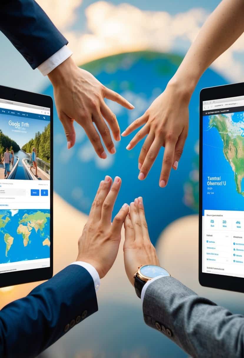 A couple's hands reaching towards each other on separate screens, with Google Earth maps and travel websites open in the background