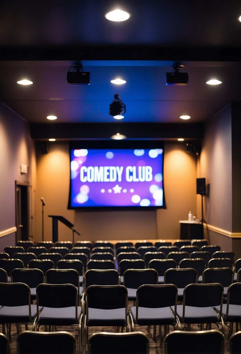 A dimly lit comedy club with a stage, microphone, and rows of empty chairs. Laughter echoes through the room