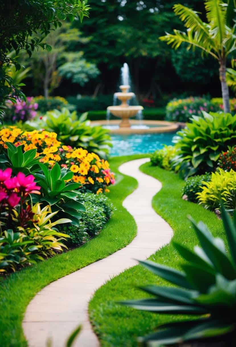Lush greenery surrounds a winding path, leading to colorful blooms and exotic plants. A tranquil fountain bubbles in the distance
