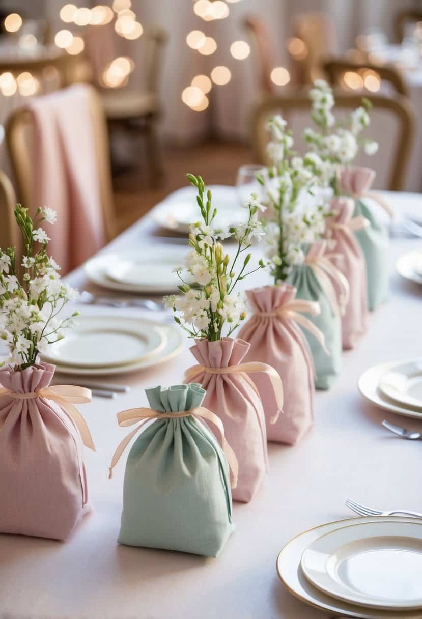 A table set with pastel linen favor bags, adorned with delicate spring flowers and ribbons, arranged for a wedding celebration