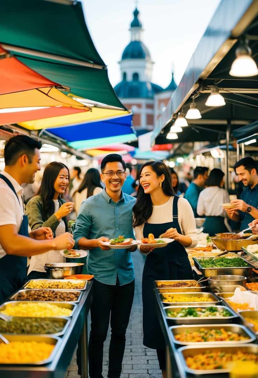 A bustling outdoor food market with colorful stalls and diverse cuisines, couples sampling various dishes and laughing together