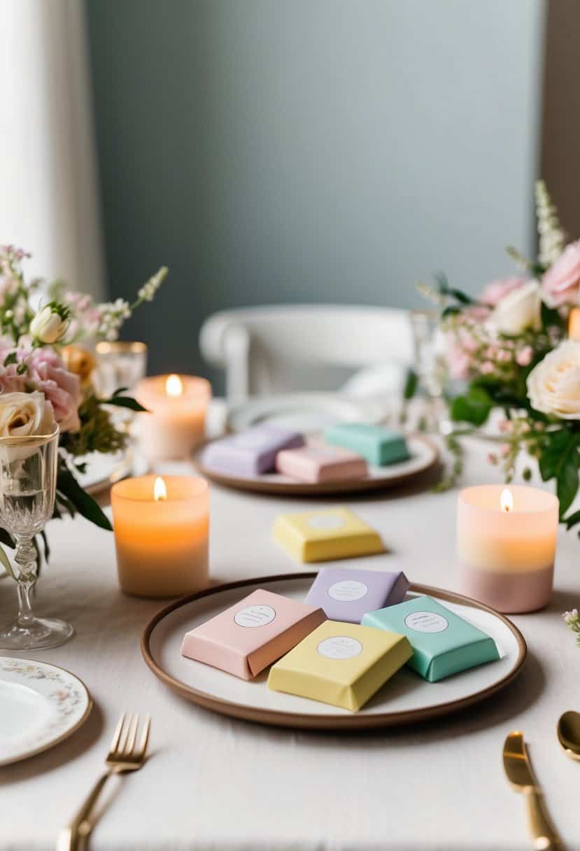 A table set with elegant, artisan chocolate bars in pastel wrappers, surrounded by delicate floral arrangements and soft candlelight