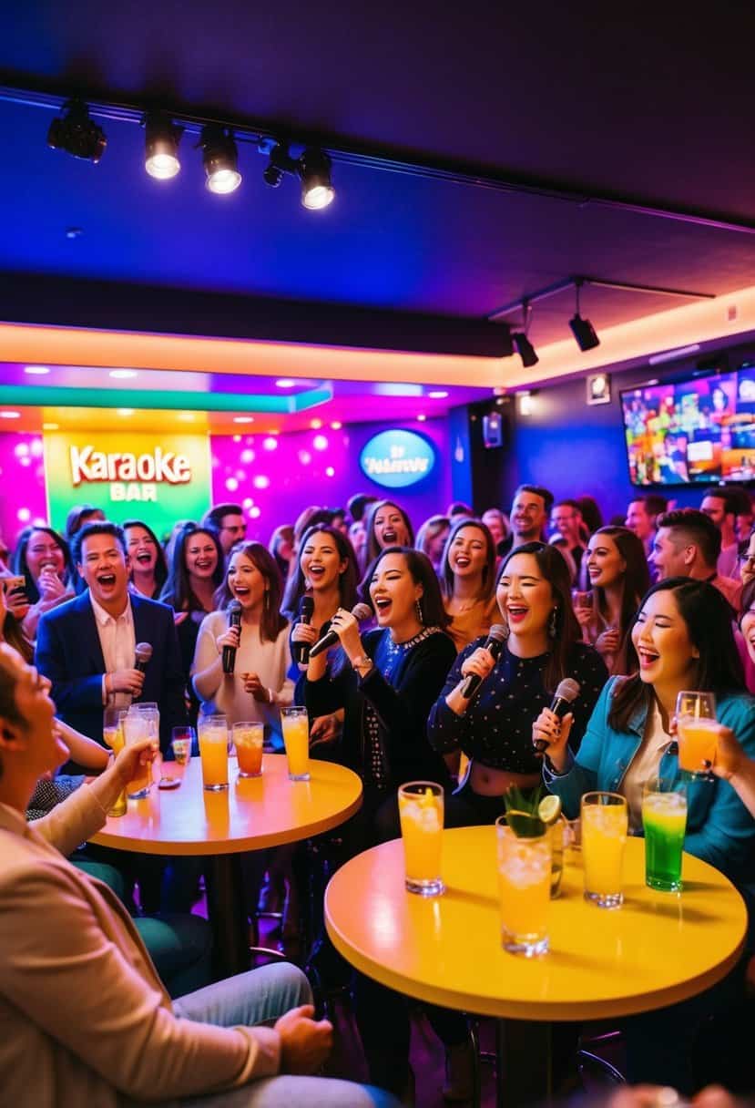 Brightly lit karaoke bar with colorful stage, microphone, and lively crowd singing along. Tables filled with drinks and laughter, creating a fun and energetic atmosphere