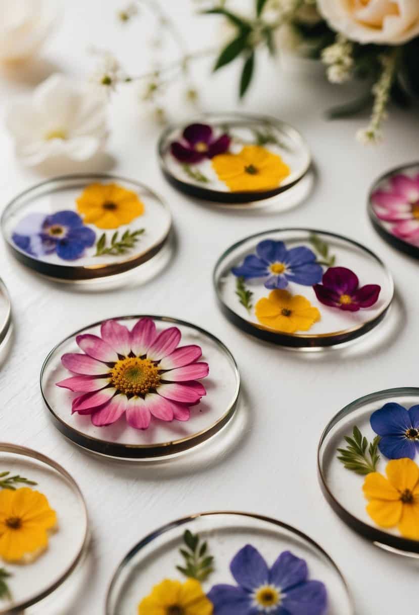 Colorful pressed flowers arranged on small round coasters, with delicate petals and leaves preserved under clear resin. A soft, romantic background with hints of a wedding setting