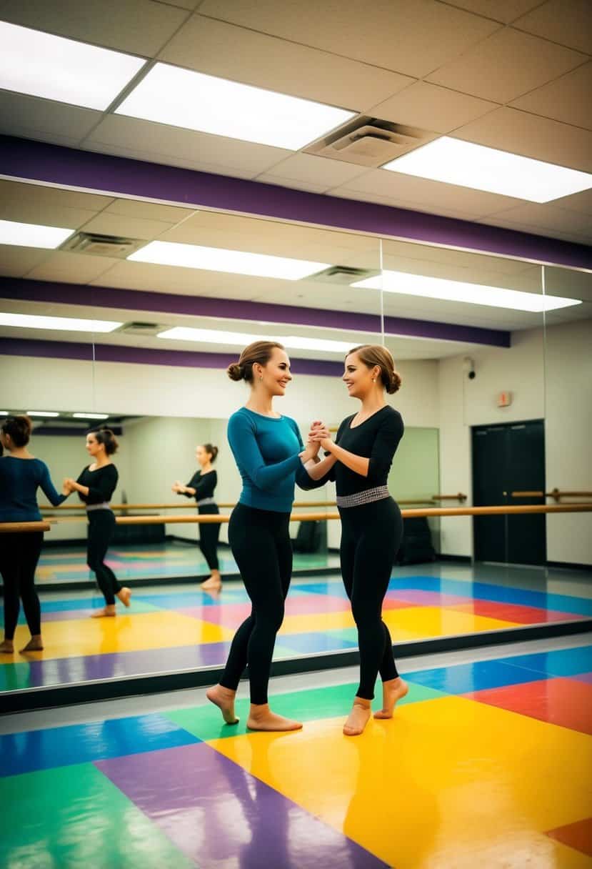 A brightly lit dance studio with a mirrored wall, colorful dance floor, and lively music playing. Two figures stand facing each other, smiling and moving in sync