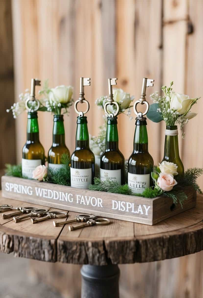 A rustic wooden table adorned with vintage key bottle openers and floral accents for a spring wedding favor display