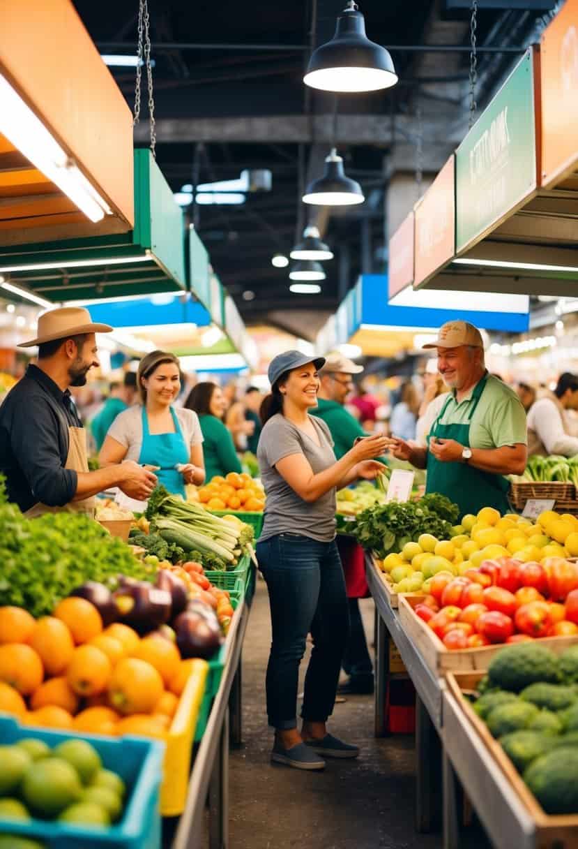 A bustling farmers' market with colorful stalls, fresh produce, and happy vendors interacting with customers