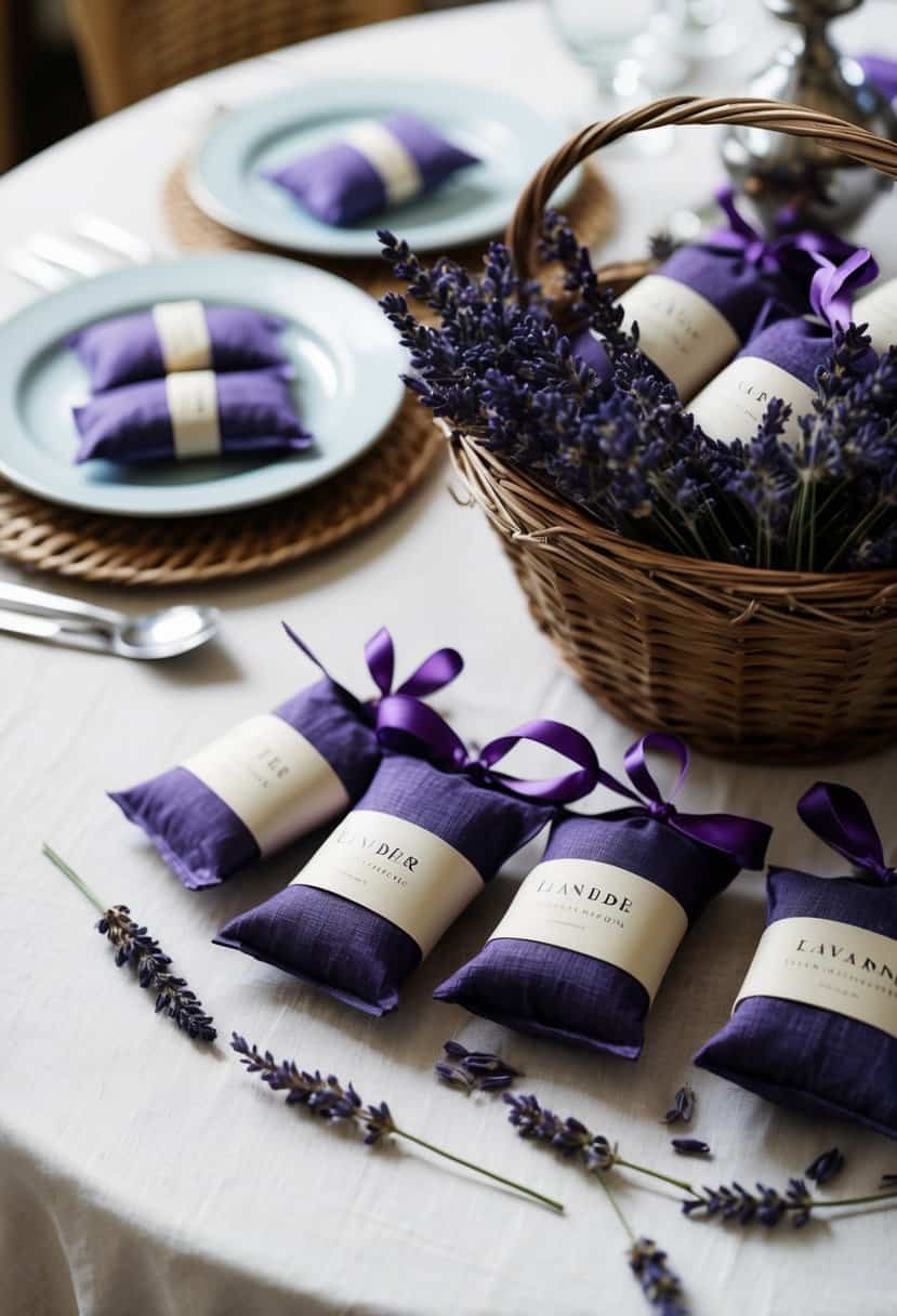 A table adorned with delicate lavender sachets, tied with ribbon and arranged in a rustic basket