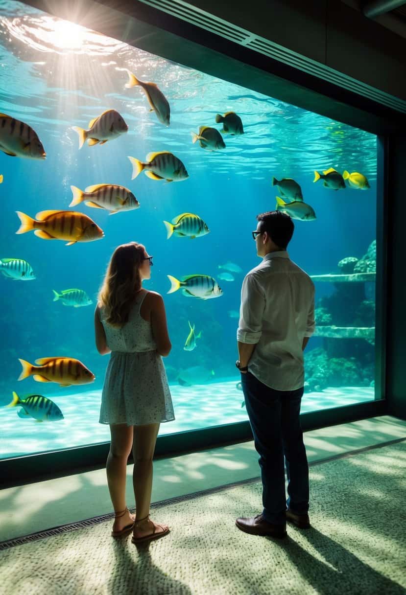 A couple watches colorful fish swim in a large tank at an aquarium. Sunlight filters through the water, casting patterns on the ocean floor