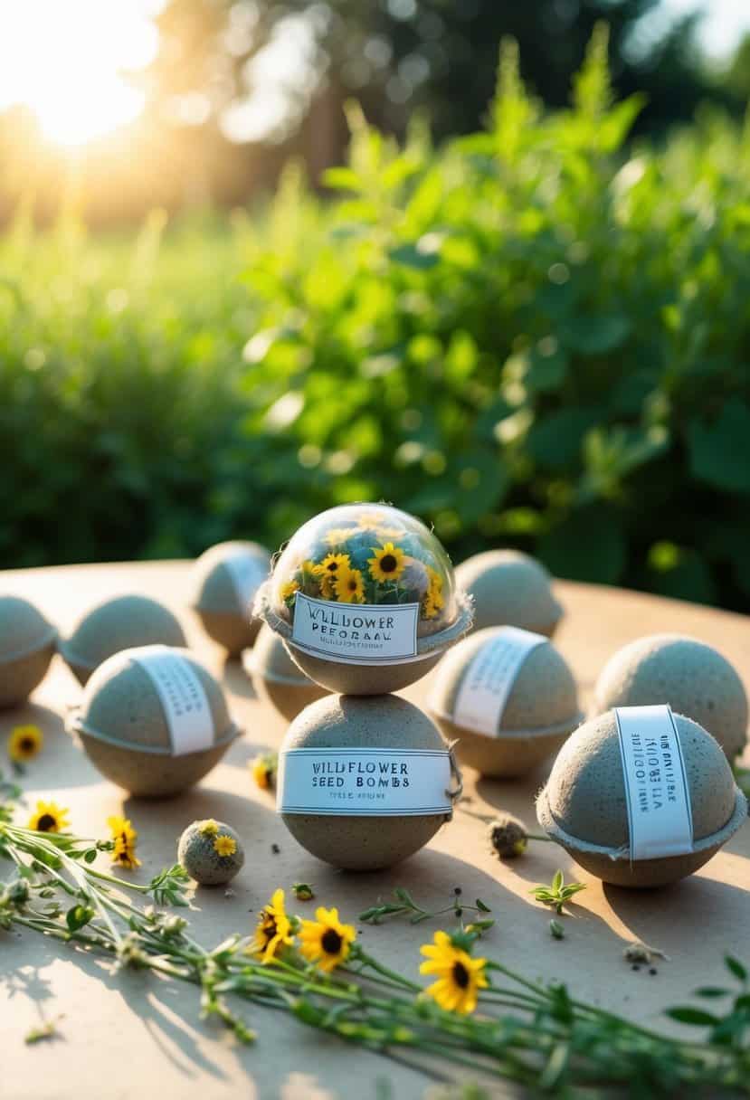 A table scattered with wildflower seed bombs in rustic packaging, surrounded by greenery and sunlight