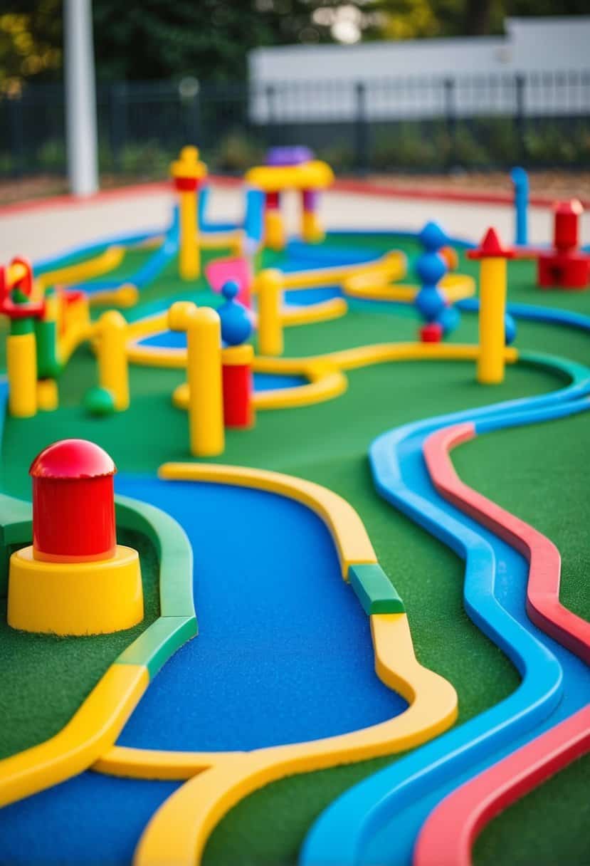 A colorful mini-golf course with winding paths, vibrant obstacles, and playful decorations