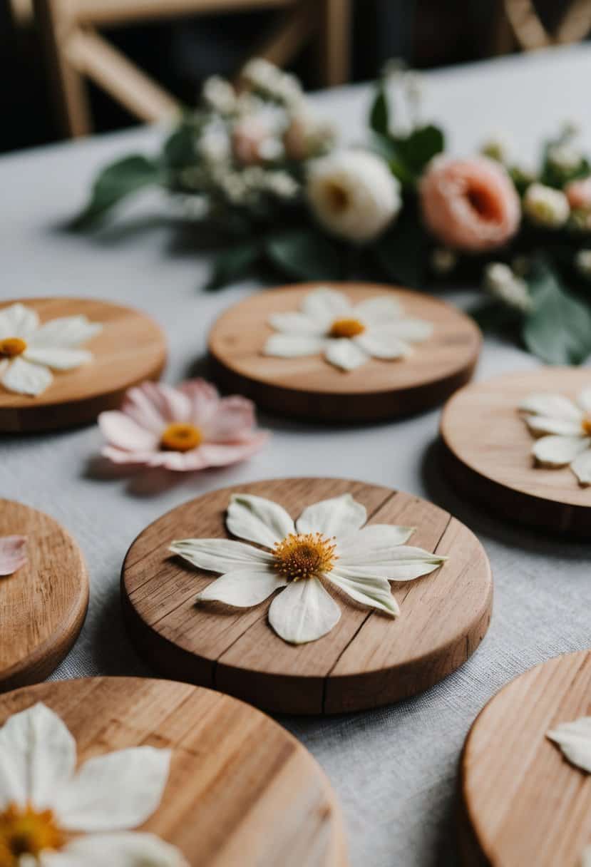 Rustic wooden coasters arranged on a table with delicate floral decorations