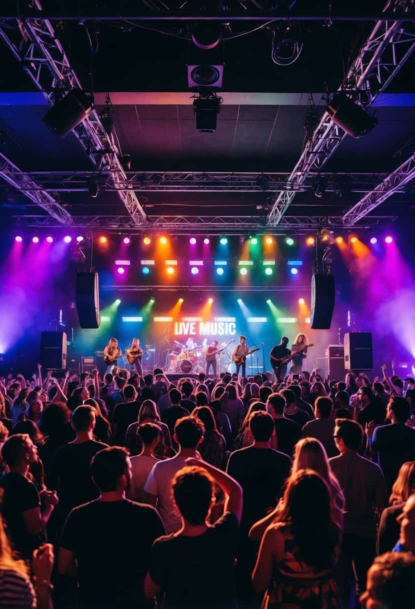 A crowded music venue with colorful stage lights, a band performing, and the audience dancing and enjoying the live music