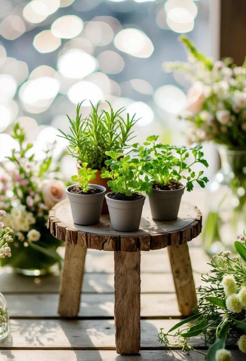 A small, rustic wooden table adorned with mini potted herbs, surrounded by delicate floral arrangements and dappled sunlight