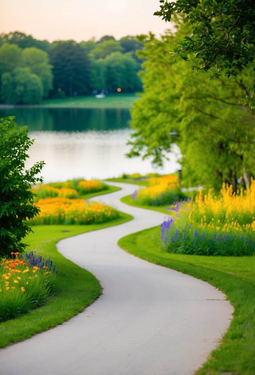 A winding bike path through a lush, green park with a sparkling lake and colorful wildflowers