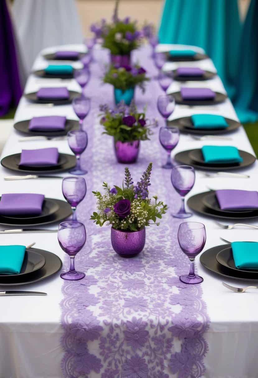 A table adorned with lavender lace runners, surrounded by purple and teal wedding decor