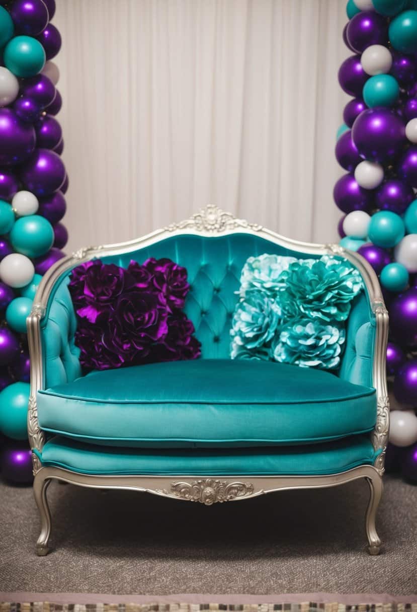 A teal velvet sofa adorned with purple and teal wedding accents
