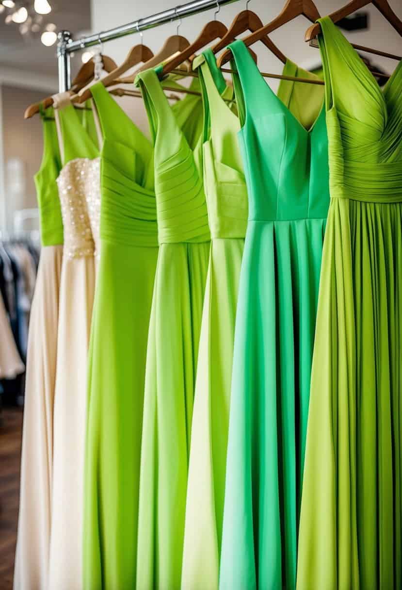 A group of bridesmaid dresses in vibrant lime green, hanging on a rack in a bridal boutique