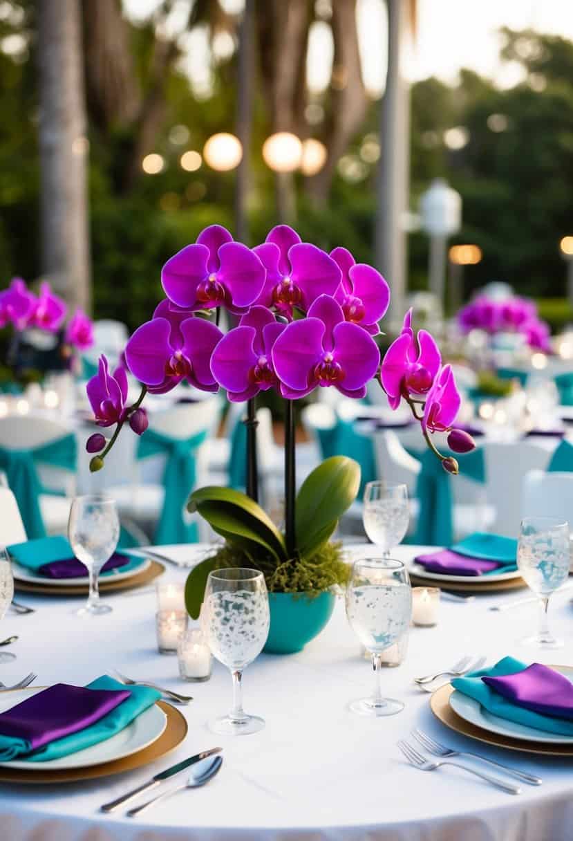 A table set with purple orchid centerpieces and teal accents