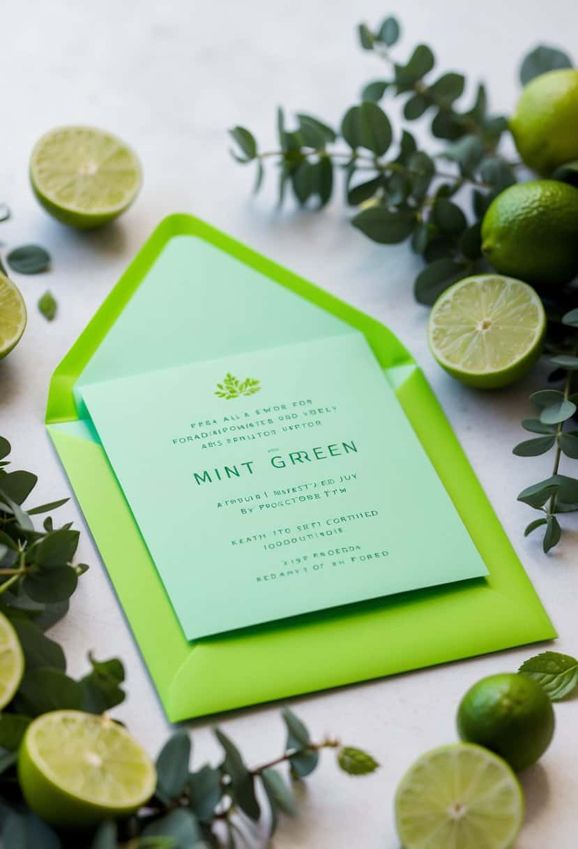 Mint green invitations adorned with lime green accents, surrounded by fresh lime slices and greenery