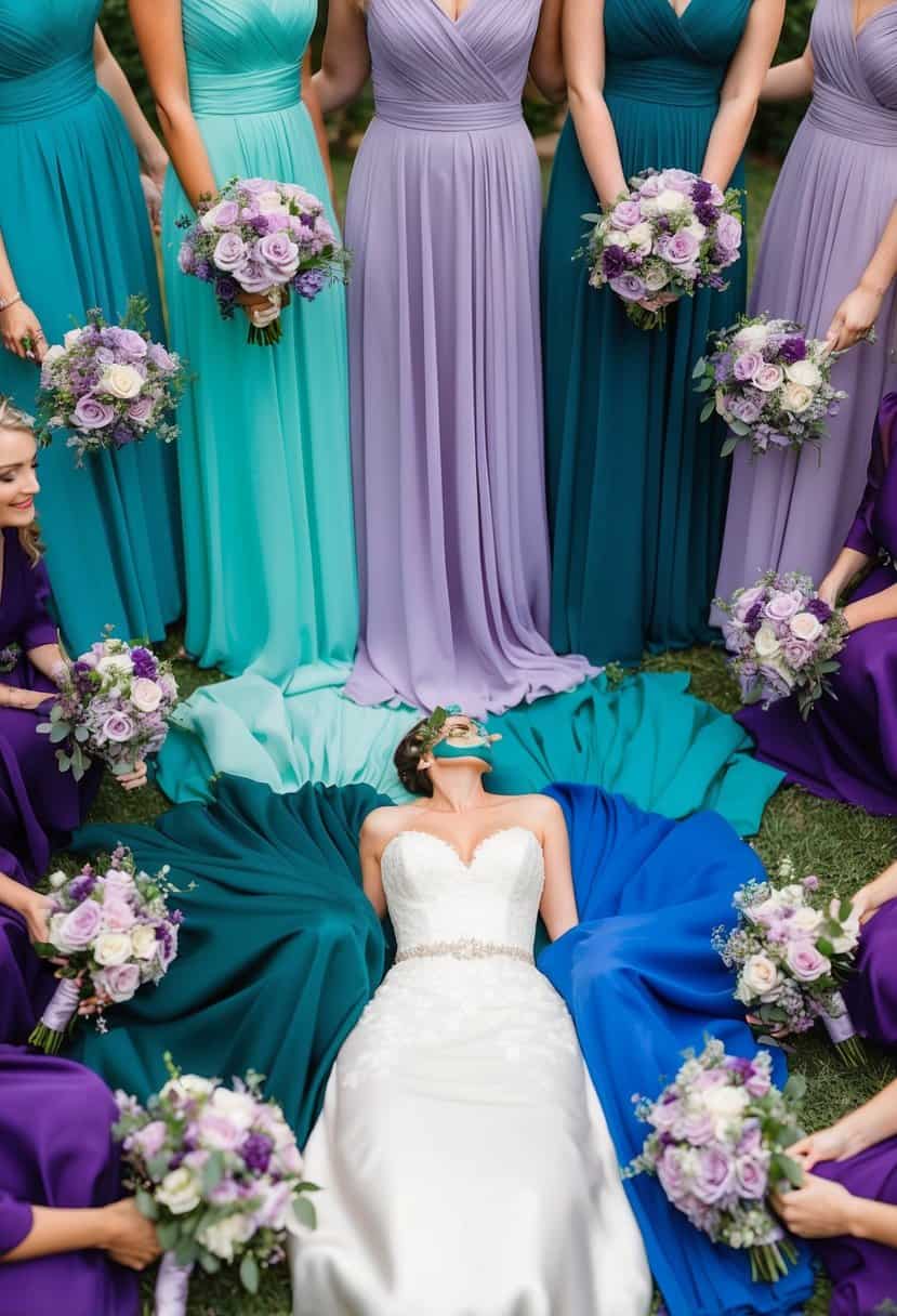 Teal and lavender bridesmaid dresses arranged in a gradient pattern, surrounded by matching floral bouquets
