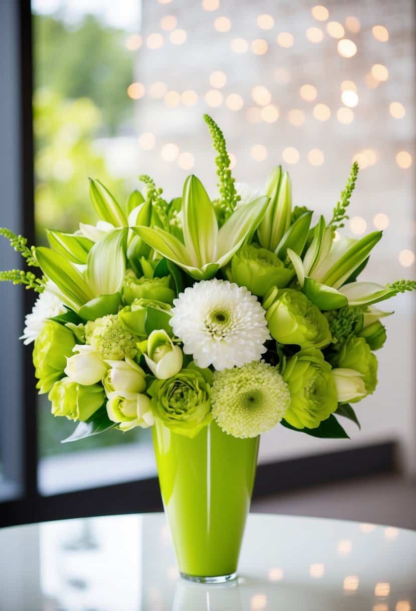 A vibrant lime green and white bouquet arranged in a sleek modern vase